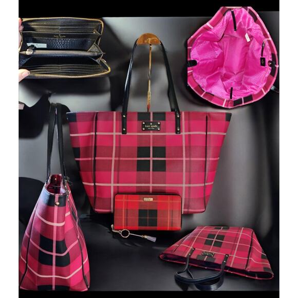 Kate Spade Ellison Avenue Sidney Tote Bag, Plaid Snapdragon Pink and wallet - Picture 1 of 15